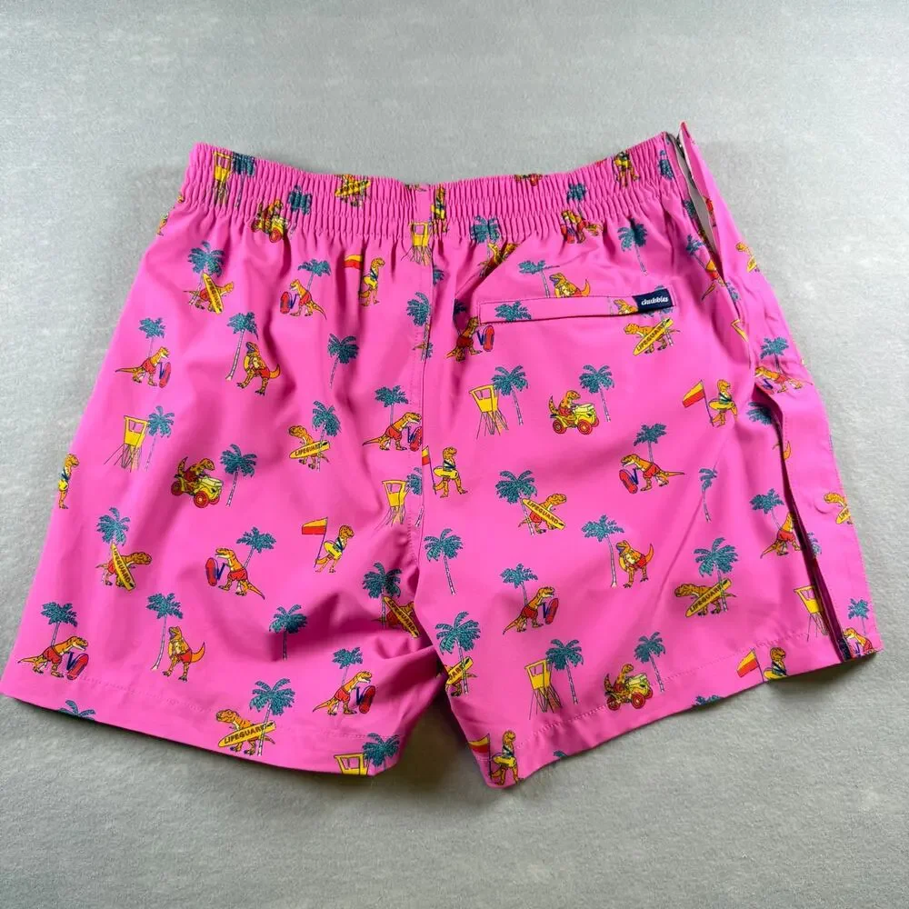 NWT Chubbies The Dino Racers pink tear-away trunks - swim suit funny  bold sz M